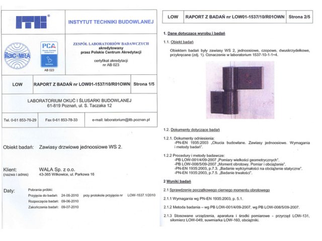 Отчет об испытаниях 2-створчатых петель WS 