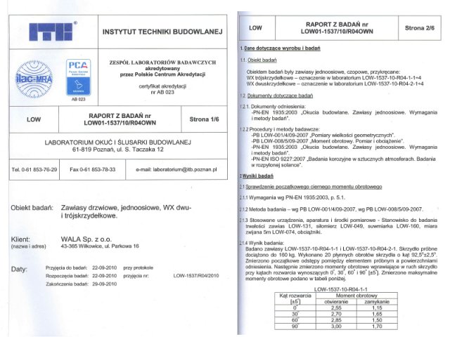 Raport z badań zawias WX 2 i 3-skrz