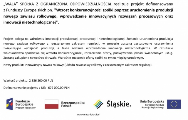 „WALA” SPÓŁKA Z OGRANICZONĄ ODPOWIEDZIALNOŚCIĄ realizuje projekt dofinansowany z Funduszy Europejskich pn. “Wzrost konkurencyjności spółki poprzez uruchomienie produkcji nowego zawiasu rolkowego, wprowadzenie innowacyjnych rozwiązań procesowych oraz innowacji nietechnologicznej“.