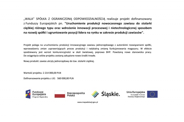 Uruchomienie produkcji nowoczesnego zawiasu do stolarki ciężkiej różnego typu oraz wdrożenie innowacji procesowej i nietechnologicznej sposobem na rozwój spółki i ugruntowanie pozycji lidera na rynku w zakresie produkcji zawiasów.