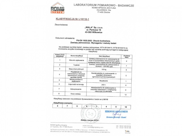 Hinge for glass pane WTA and WTB - test report