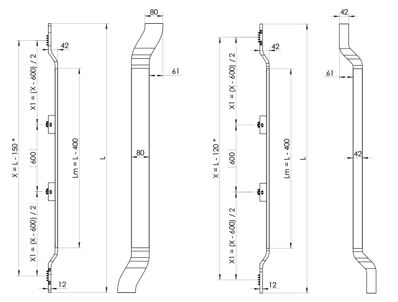 Wymiary uchwytu MPS31 T3 L/P dla L>1601