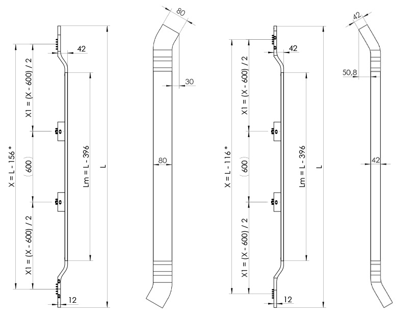 Wymiary uchwytu MPS31 T5 L/P dla L>1601